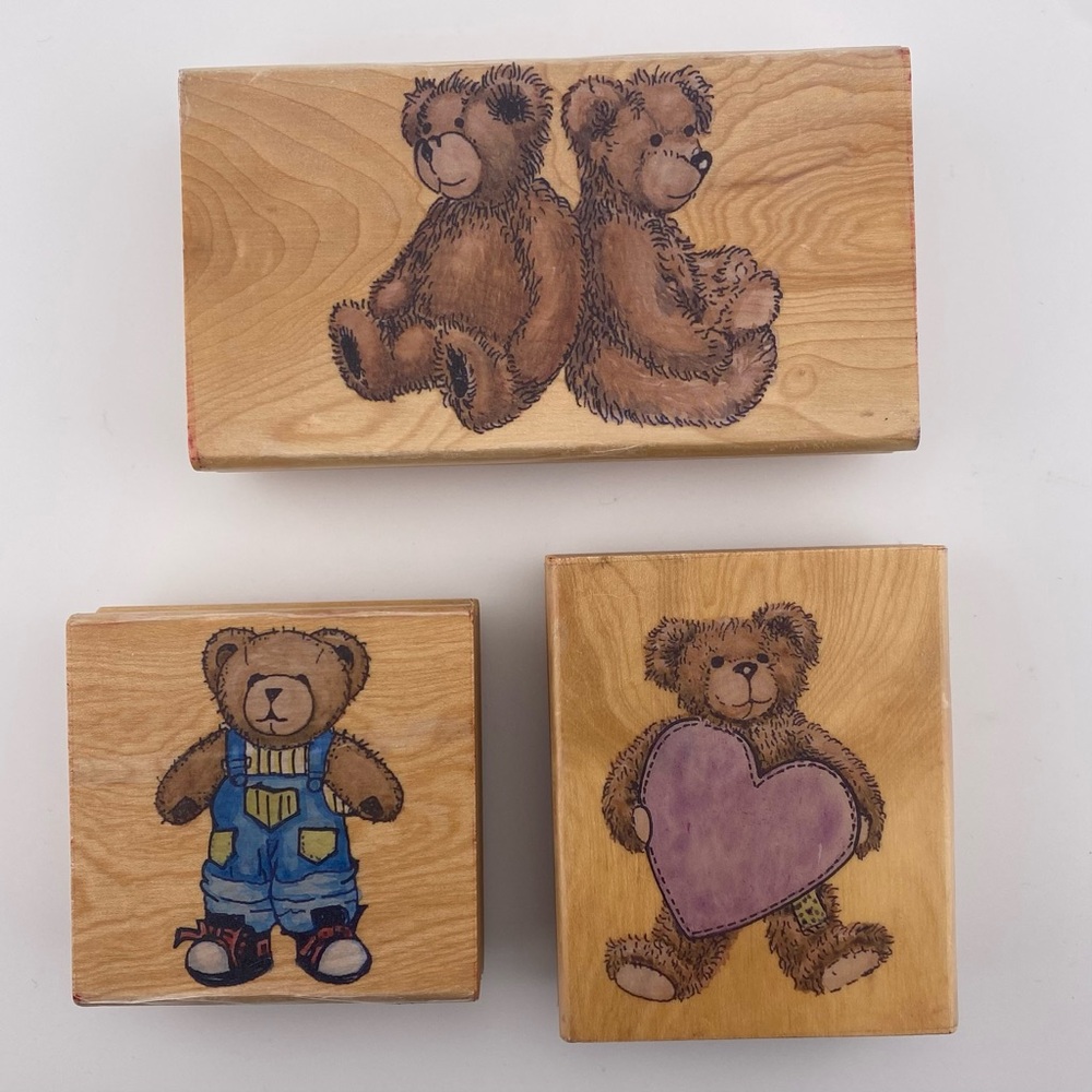 Lot of 3 Teddy Bear Wood Mounted Stamps